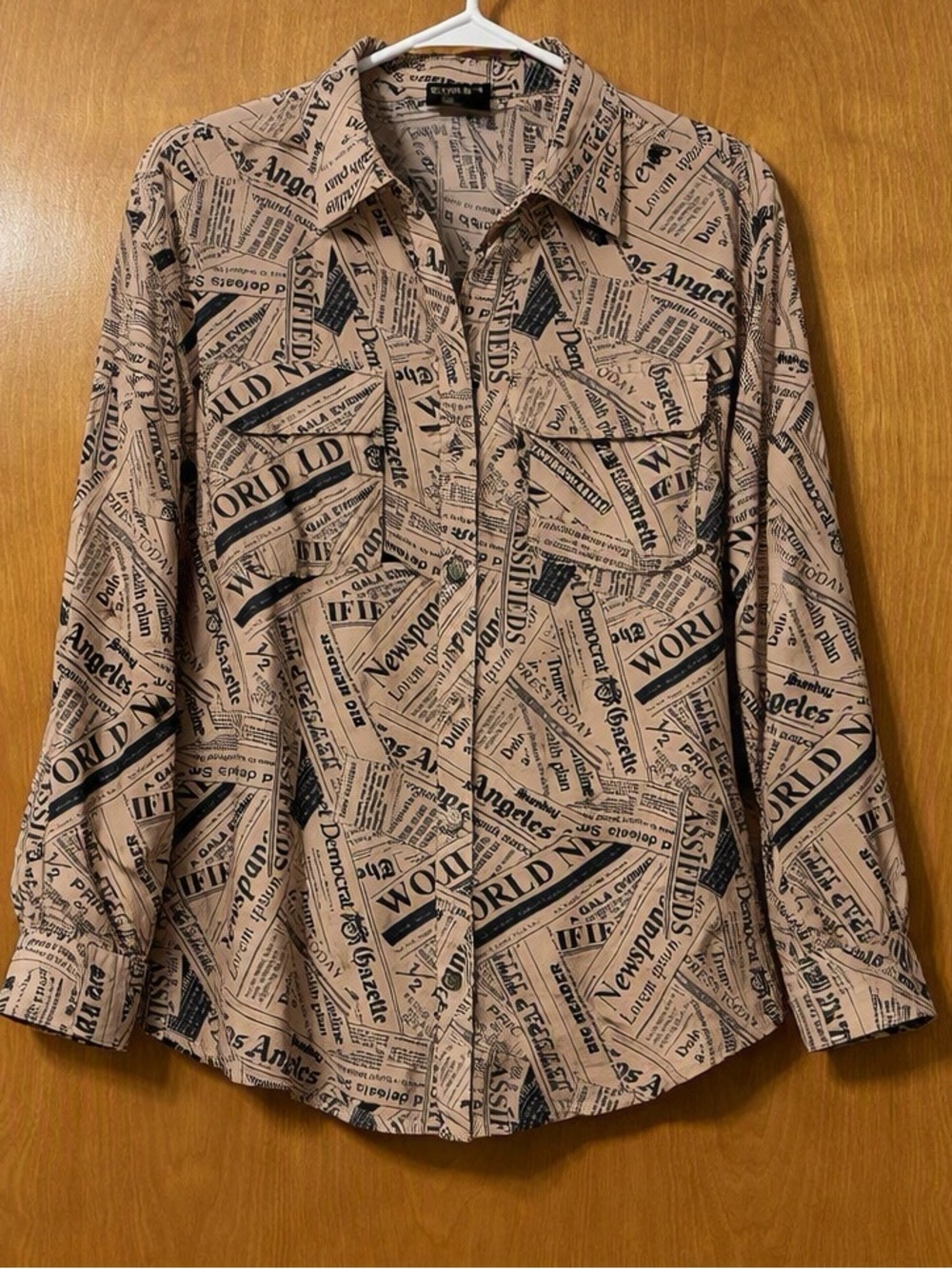Newspaper-Print Button-Down Shirt in Beige and Black